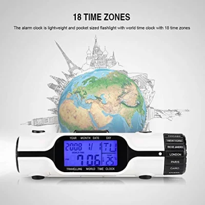 Weltzeit-Reiseuhr, mit Hintergrundbeleuchtung, leichter digitaler Reisewecker im Taschenformat mit mehreren Zeitzonen, tragbar, 3 helle LEDs für Reisen